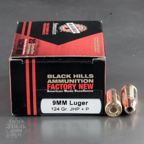 20rds - 9mm Luger Black Hills 124gr. +P JHP Ammo