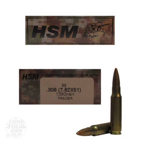 20rds - 308 HSM 139gr. FMJ Red Tracer Ammo