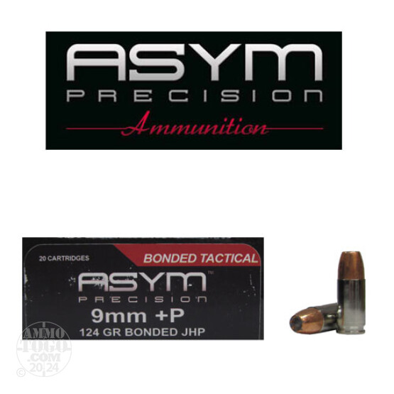 100rds - 9mm ASYM 124gr. Bonded +P JHP Ammo