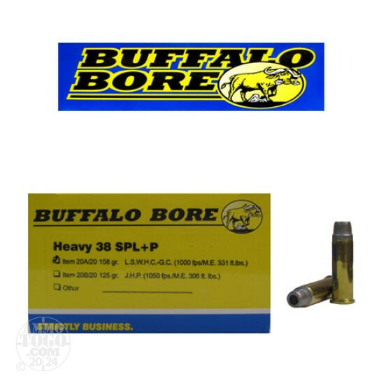 20rds - 38 Special Buffalo Bore 158gr. +P Lead Semi Wadcutter HP Ammo