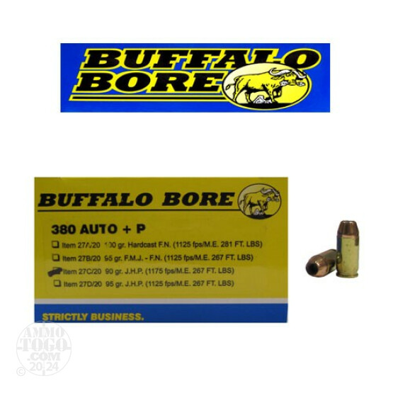 20rds - 380 Auto Buffalo Bore 90gr. +P JHP Ammo