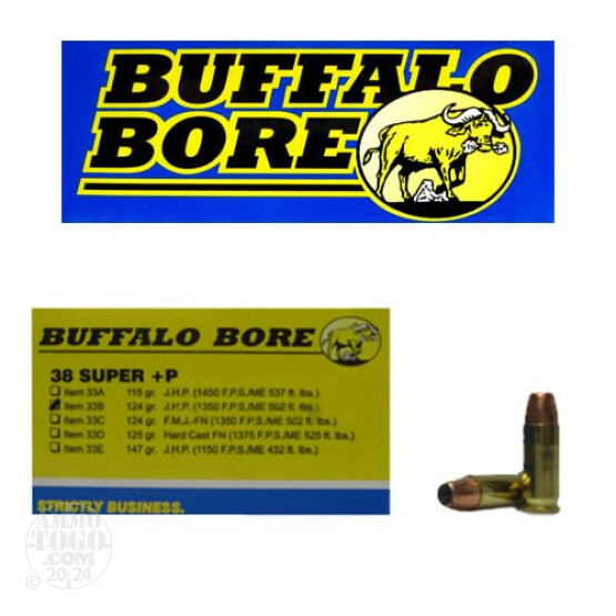 20rds - 38 Super Auto Buffalo Bore 124gr. +P JHP Ammo