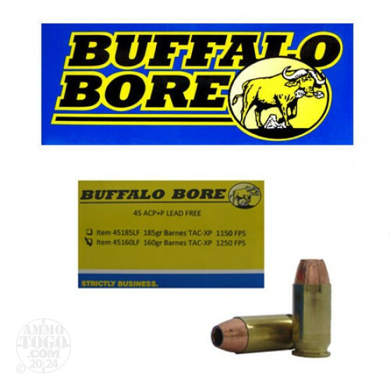 20rds - 45 ACP Buffalo Bore 160gr. +P Barnes TAC-XP Lead Free HP Ammo