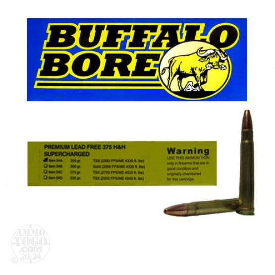 20rds - 375 H&H Mag. Supercharged Buffalo Bore 300gr. Barnes TSX HP Ammo