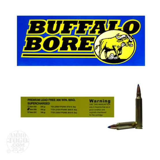 20rds - 300 Win. Mag. Supercharged Buffalo Bore 180gr. Barnes TTSX Ammo