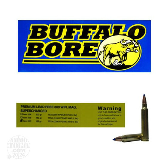 20rds - 300 Win. Mag. Supercharged Buffalo Bore 168gr. Barnes TTSX Ammo