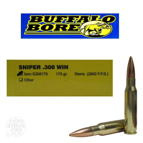 200rds - 308 Win. Buffalo Bore Sniper 175gr. Sierra MatchKing JHP Ammo