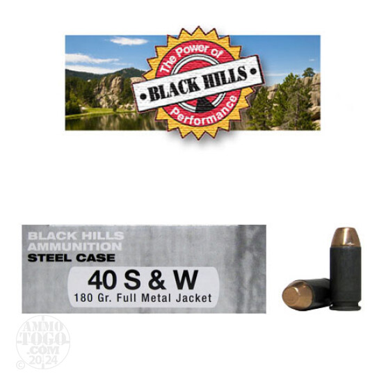 50rds - 40 S&W Black Hills Steel Case 180gr. FMJ Ammo