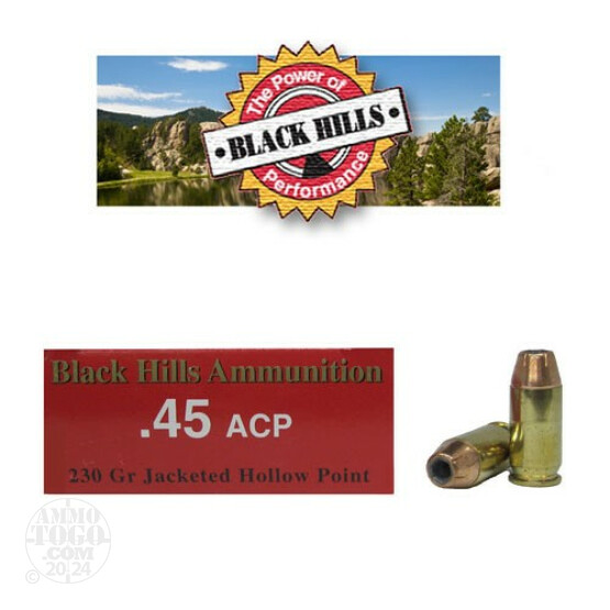 50rds - 45 ACP Black Hills 230gr. Jacketed Hollow Point Ammo
