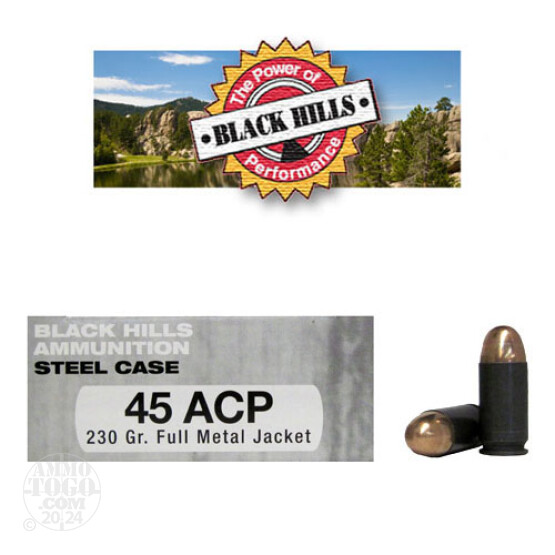 50rds - 45 ACP Black Hills Steel Case 230gr. FMJ Ammo