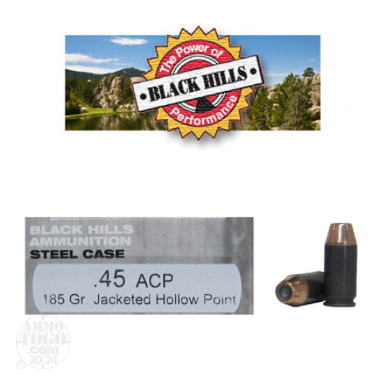 500rds - 45 ACP Black Hills Steel Case 185gr. Jacketed Hollow Point Ammo