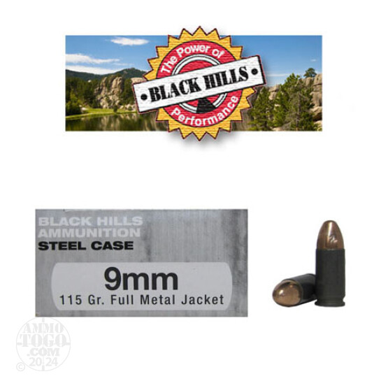 50rds - 9mm Black Hills Steel Case 115gr FMJ  Ammo