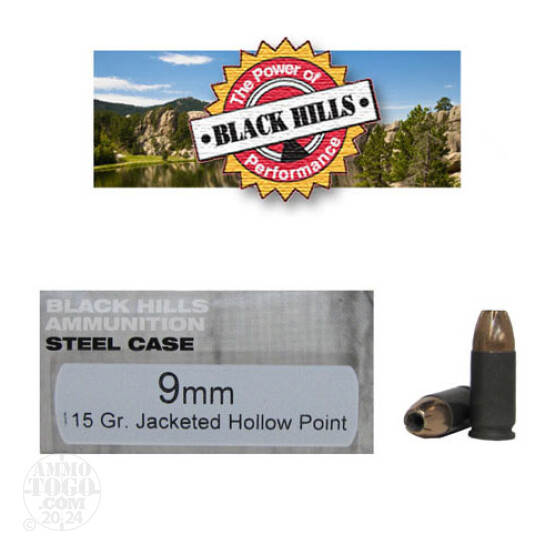 50rds - 9mm Black Hills Steel Case 115gr. Jacketed Hollow Point Ammo
