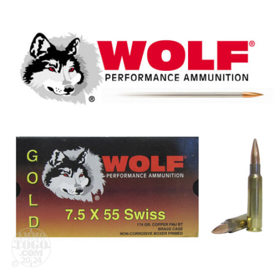 100rds - 7.5 Swiss Wolf Gold 174gr. FMJ Boattail Ammo