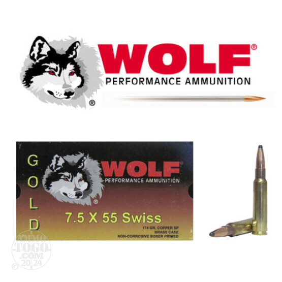 20rds - 7.5 Swiss Wolf Gold 174gr. Copper Soft Point Ammo