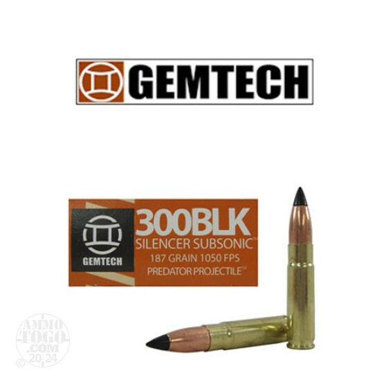 20rds - 300 AAC BLACKOUT Gemtech Silencer Subsonic 187gr. Predator Polymer Tip Ammo