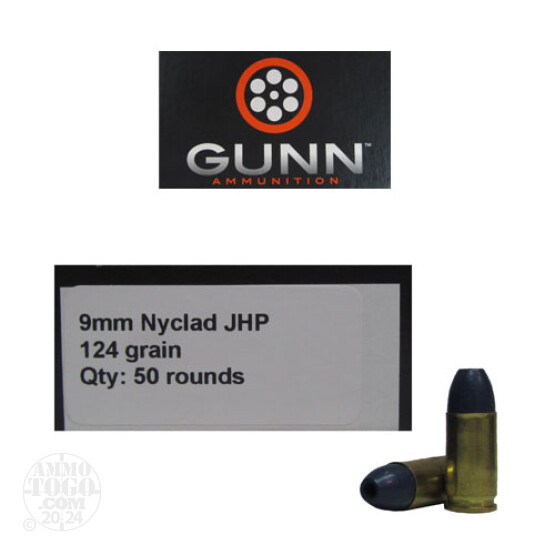 50rds - 9mm Gunn Ammo 124gr. Nyclad JHP Ammo