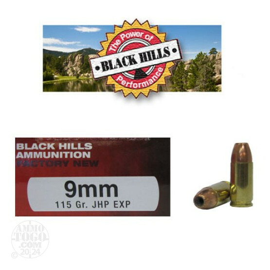 50rds - 9mm Black Hills 115gr. Jacketed Hollow Point EXP (Extra Power) Ammo