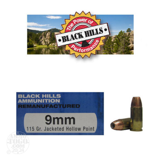 50rds - 9mm Black Hills 115gr. Remanufactured Jacketed Hollow Point Ammo