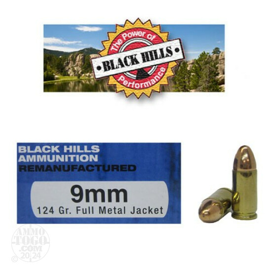 50rds - 9mm Black Hills 124gr. Remanufactured Full Metal Jacket Ammo