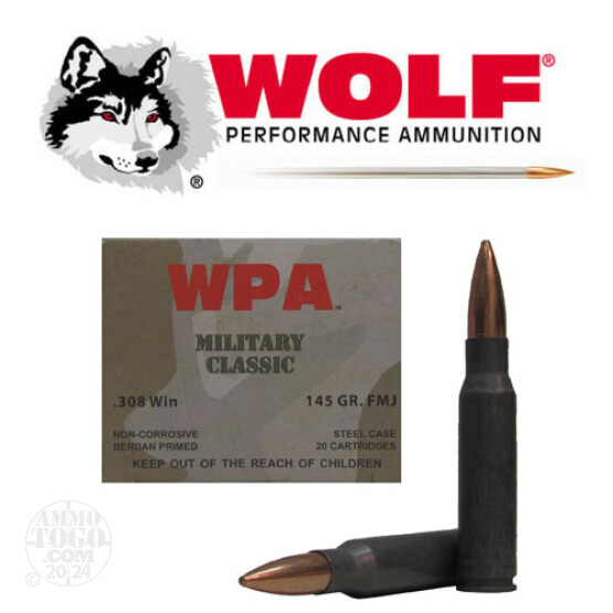 20rds - 308 WPA Military Classic 145gr. FMJ Ammo