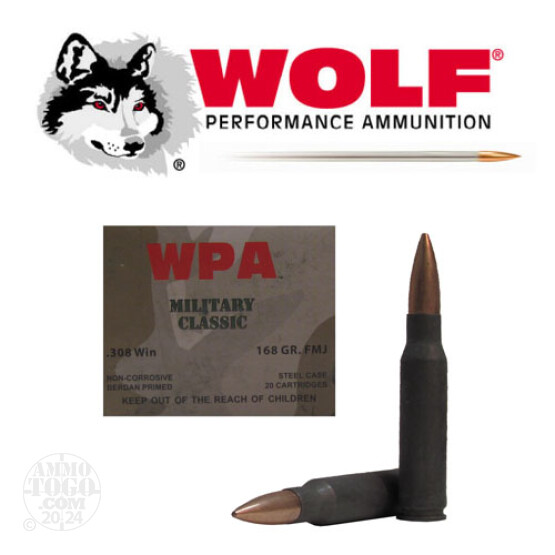 100rds - 308 WPA Military Classic 168gr. FMJ Ammo