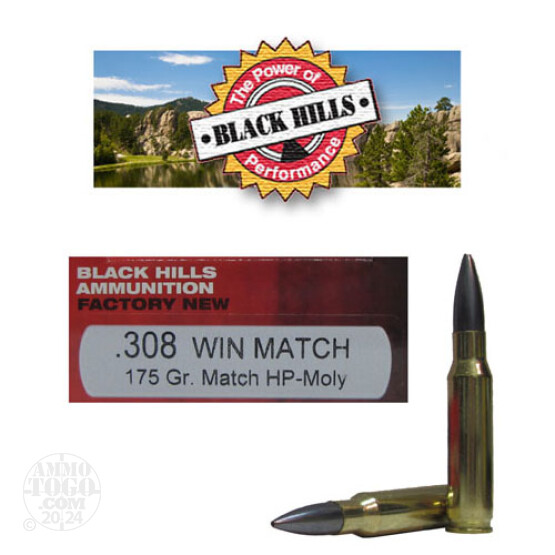 20rds - 308 Black Hills 175gr. Match Moly Coated Boat-Tail Hollow Point Ammo