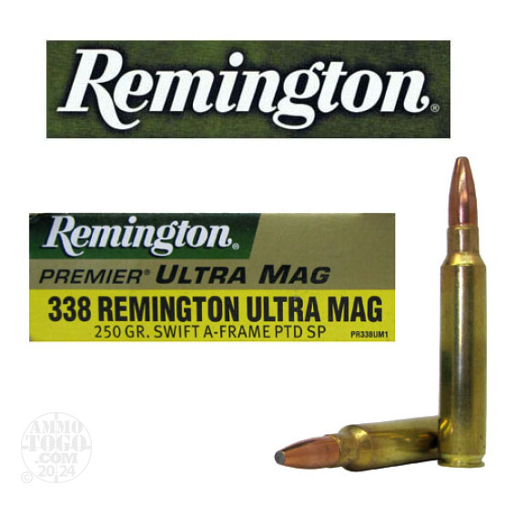 20rds - 338 RUM Remington Premier Ultra Mag 250gr. Swift-a-Frame Soft Point Ammo