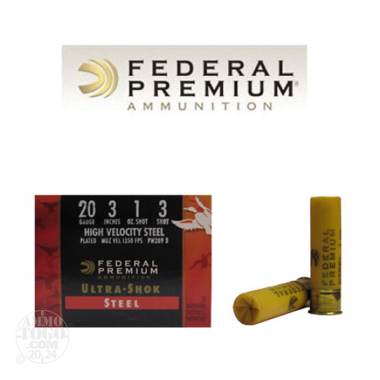 25rds - 20 Gauge Federal Ultra-Shok 3" 1oz. #3 HV Steel Shot Ammo
