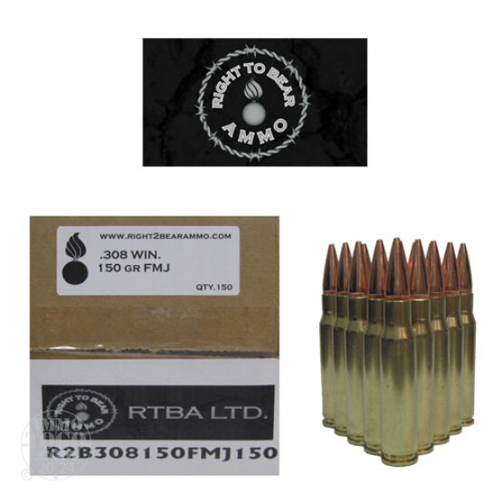 150rds - 308 Win. Right To Bear 150gr FMJ Ammo