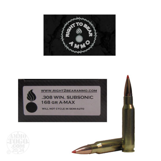 20rds - 308 Win. Right To Bear Subsonic 168gr. A-MAX Ammo