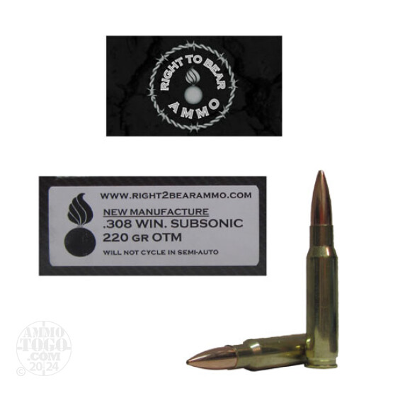 20rds - 308 Win. Right To Bear Subsonic 220gr. OTM Ammo