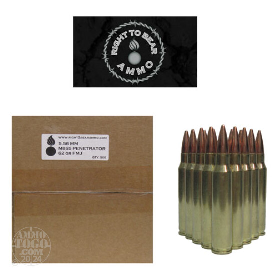 500rds - 5.56 Right To Bear M855 62gr Penetrator FMJ Ammo