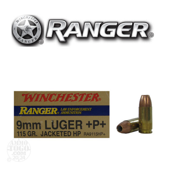 50rds - 9mm Winchester Ranger 115gr. +P+ HP Ammo