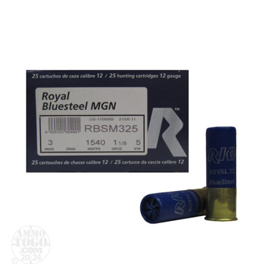 25rds - 12 Ga. Rio Royal BlueSteel 3" 1 1/8oz #5 Steel Shot Ammo