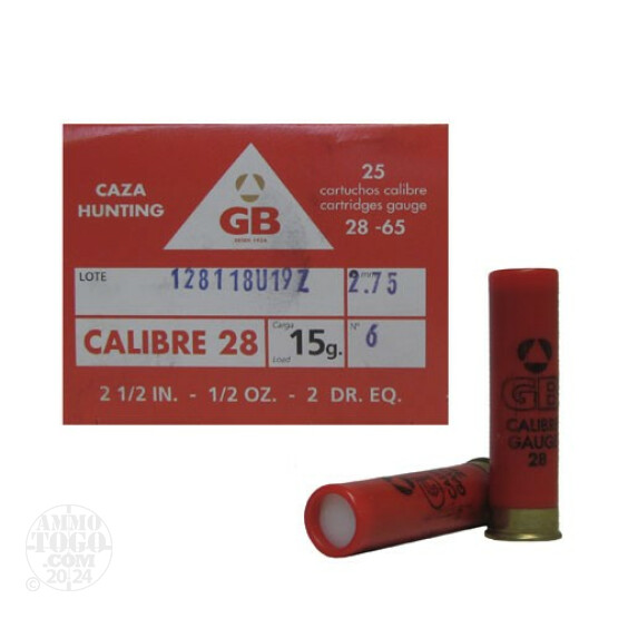 250rds - 28 Gauge GB Cal 28 2 1/2" 1/2oz. #6 Shot Ammo