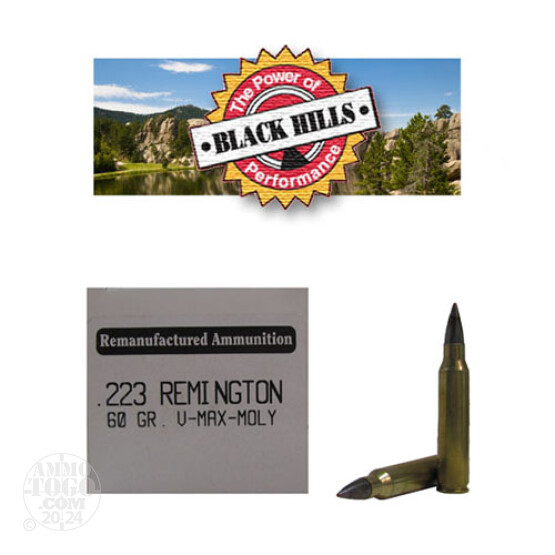 50rds - 223 Black Hills 60gr. Remanufactured Seconds V-Max Polymer Tip Moly Ammo