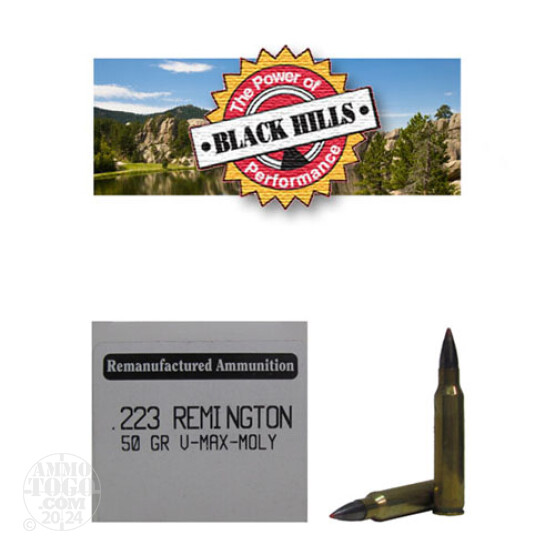 50rds - 223 Black Hills 50gr. Remanufactured Seconds V-Max Polymer Tip Moly Ammo