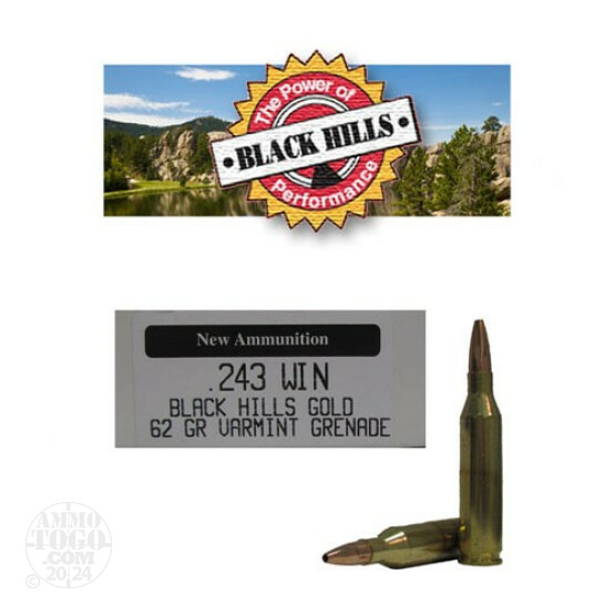 20rds - 243 Black Hills 62gr. New Seconds Varmint Grenade HP Ammo