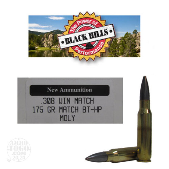20rds - 308 Black Hills 175gr. New Seconds Match BT-HP Moly Coated Ammo