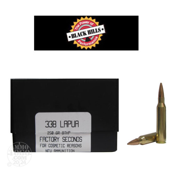 20rds - 338 Lapua Black Hills 250gr. New Seconds BTHP Ammo