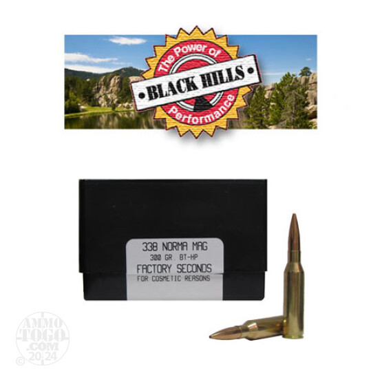 20rds - 338 Norma Mag Black Hills 300gr. New Seconds BTHP Ammo