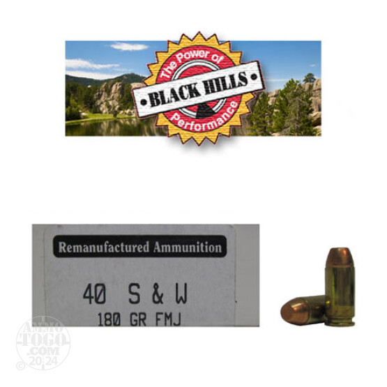 50rds - 40 S&W Black Hills 180gr. Reman Seconds FMJ Ammo