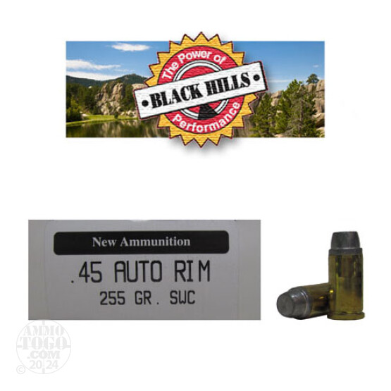 50rds - 45 AUTO RIM Black Hills 255gr. New Seconds SWC Ammo