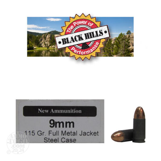 50rds - 9mm Black Hills Steel Case 115gr. New Seconds FMJ Ammo