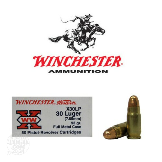 50rds - 30 Luger (7.65mm) Winchester Western 93gr. Full Metal Case