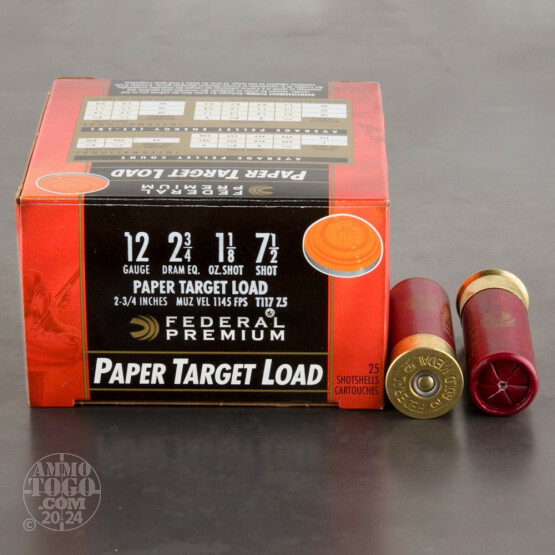 25rds - 12 Gauge Federal Gold Medal Paper 2 3/4" 1 1/8oz. #7 1/2 Shot Ammo