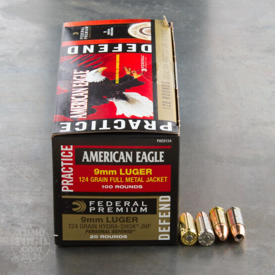 120rds - 9mm Federal American Eagle 124gr. FMJ and Hydra-Shok 124gr. JHP Ammo