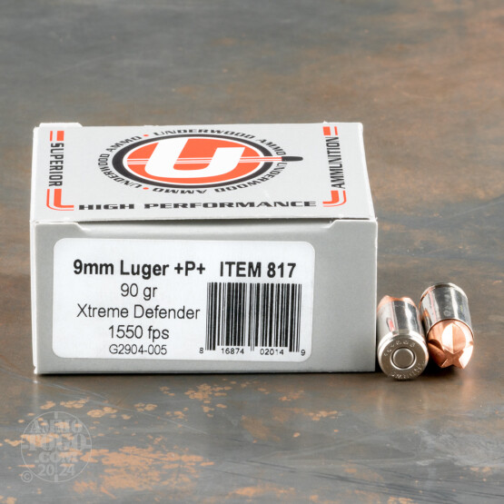 20rds – 9mm +P+ Underwood 90gr. Xtreme Defender Ammo