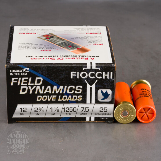 25rds - 12 Gauge Fiocchi Game & Target 2 3/4" 1 1/8 oz. #7 1/2 Shot Ammo